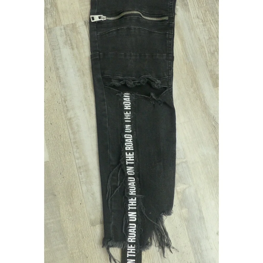 Zara Man Black Distressed Jeans On The Road Zipper Moto Denim Grunge 31